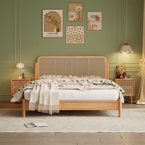 طقم غرفة نوم – سرير مزدوج من الخشب الصلب مع طاولتي...