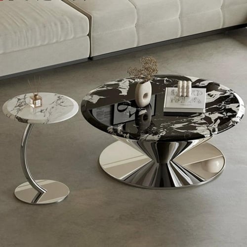 طقم طاولات قهوة رخامية وفولاذية إيطالية (قطعتان)