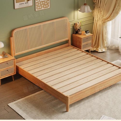 طقم غرفة نوم – سرير مزدوج من الخشب الصلب مع طاولتي...