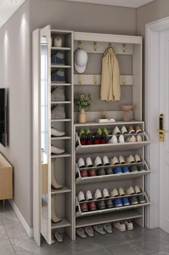 خزانة أحذية رفيعة مع مرآة كاملة الطول ورف معاطف