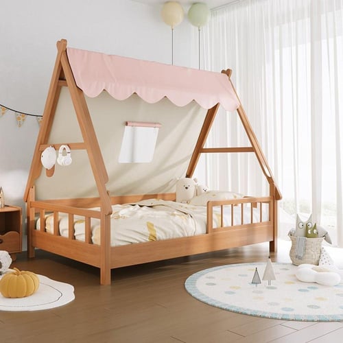 سرير أطفال على شكل بيت شجرة مع خيمة