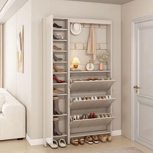 خزانة أحذية رفيعة مع مرآة كاملة الطول ورف معاطف