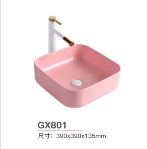 حوض الغسيل السيراميكي المربع باللون الوردي.