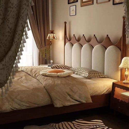 سرير خشبي صلب بتصميم فرنسي كلاسيكي منجد – فخامة مر...