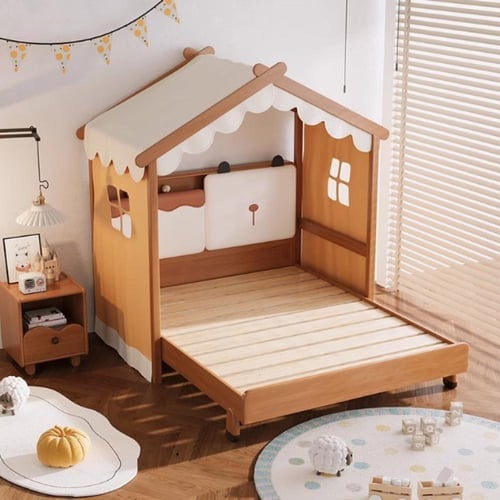 سرير أطفال بتصميم بيت صغير مع خيمة