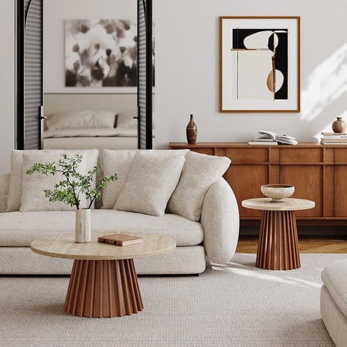 طقم طاولة قهوة وطاولة جانبية – تصميم وابي سابي عصر...