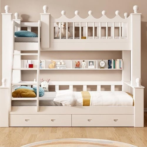 سرير أطفال بطابقين خشب صلب – تصميم أبيض من قطعتين