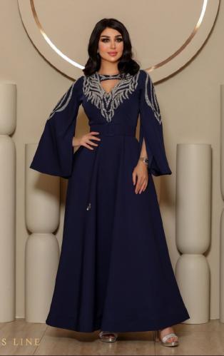 فستان كحلي كريب استرتش شك يدوي