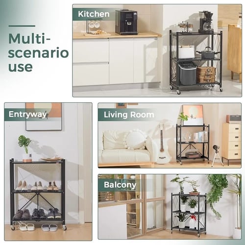 ارفف تخزين قابلة للطي من 4 ارفف مع عجلات اسود