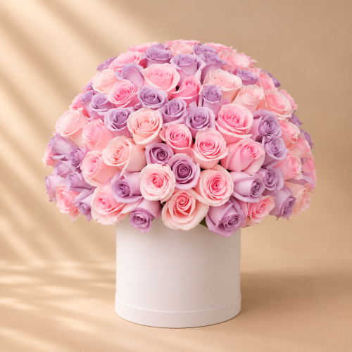 بوكس ورد بينك وبنفسجي - Pink & Purple Roses - 50 R...
