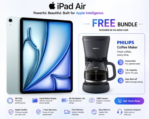 Apple iPad Air M2, Wi-Fi, 13-inch, 128GB, Blue + Free Philips Drip Coffee Maker, 2-Year Warranty