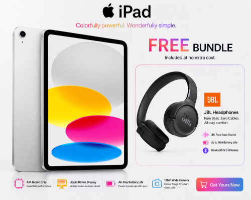 Apple iPad 11th Generation, Wi-Fi, 11-inch, 128GB, Silver Bundle + Free JBL Bluetooth Headphones with 2-Year Warranty