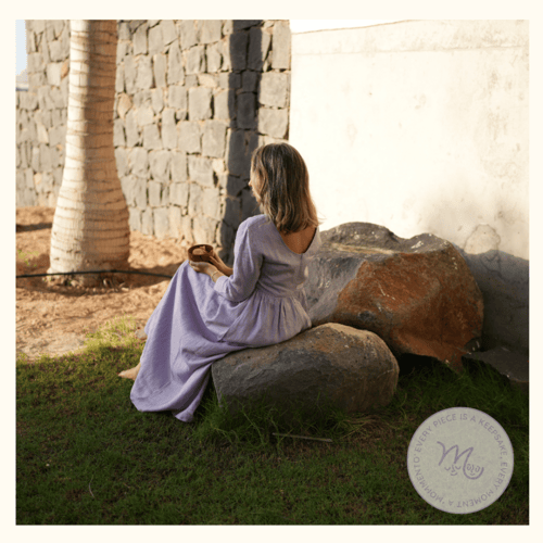 فستان كتان كم طويل - بنفسجي فاتح