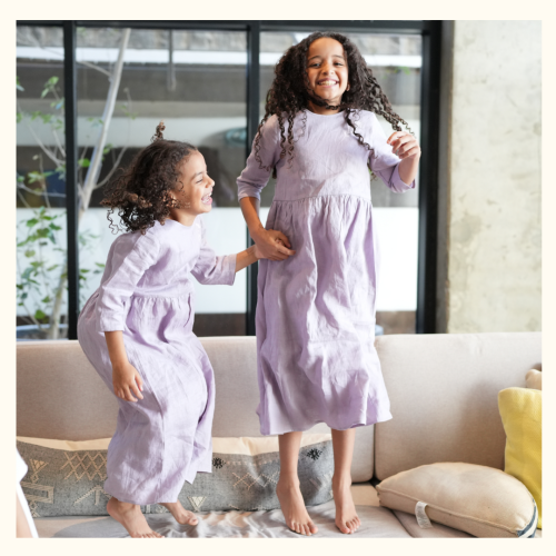 فستان أطفال كتان كم طويل - بنفسجي فاتح