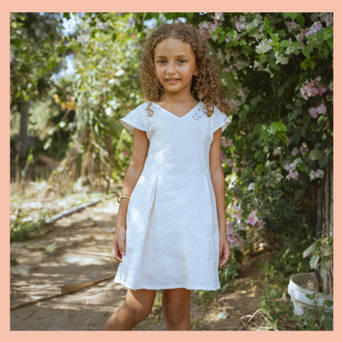 فستان أطفال كتان - اوف وايت