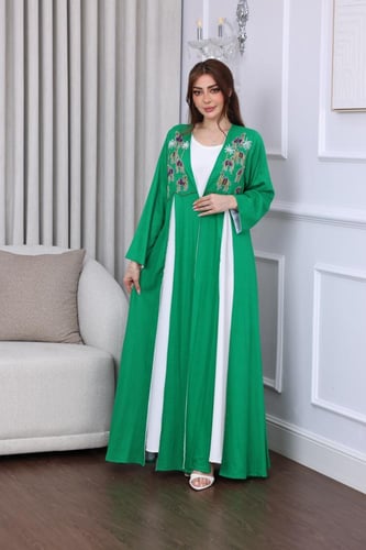 جلابية لينن بتطريز يدوي قطعتين