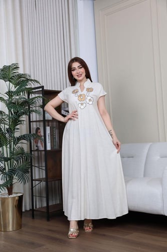 جلابيه لينن بتطريز كمبيوتر بالصدر