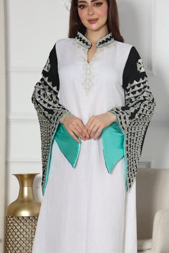 جلابيه لينن بتطريز كمبيوتر وتطريز شك