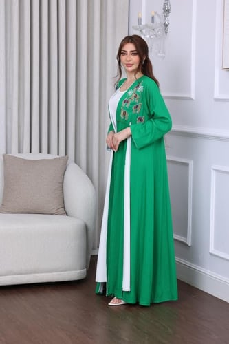 جلابية لينن بتطريز يدوي قطعتين