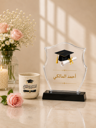 طقم تخرج فاخر – درع كريستال مع كوب مطبوع