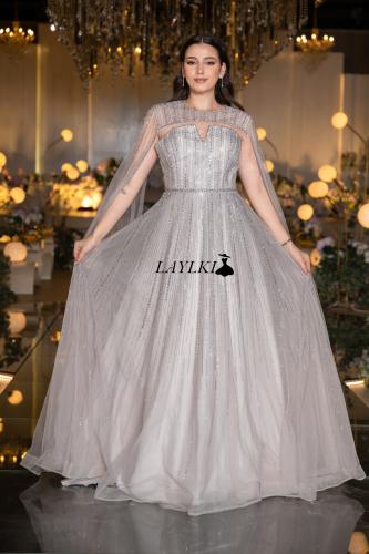 Shiny silver dress with luxurious tulle cape