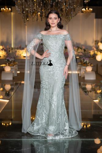 Silver dress embroidered with an elegant cape design