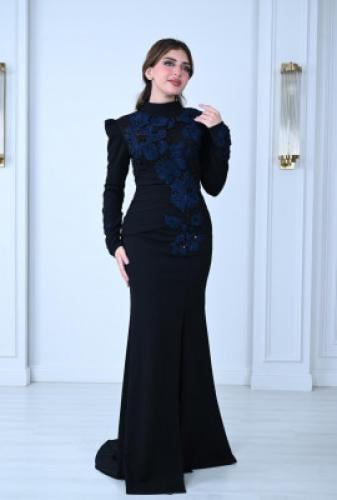 Black dress with navy flowers and sleeves
