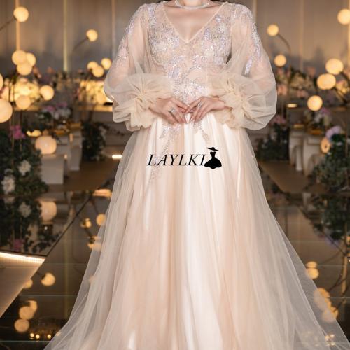 Beige embroidered dress with soft tulle and transparent sleeves