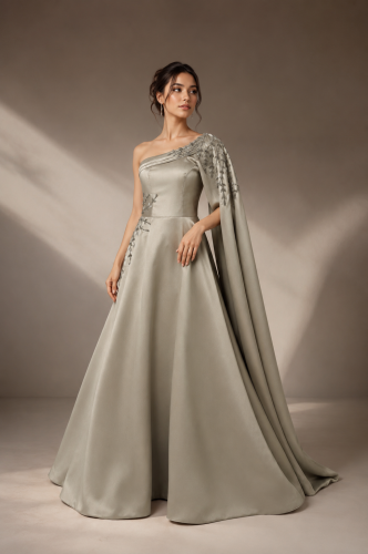 Beige dress with one shoulder, long shawl cut