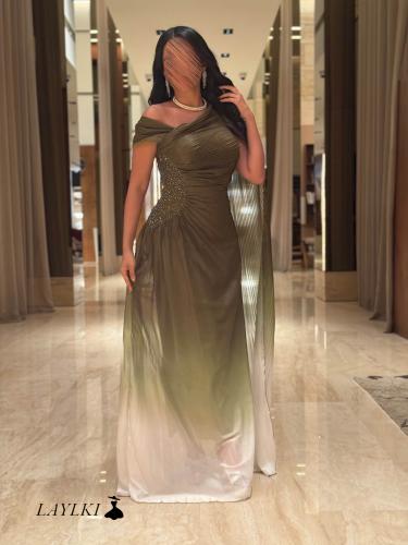 Gradated dress with side embroidery pleats