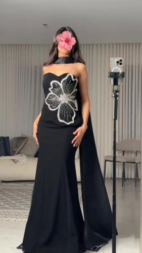 Black dress with silver flower embroidery sleeveless