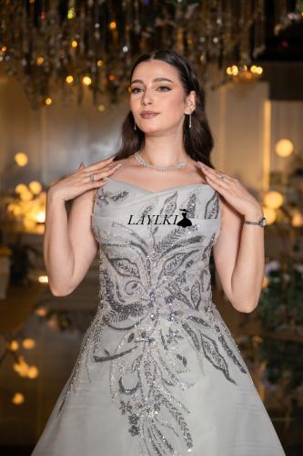 A gray dress embroidered with luxurious silver details