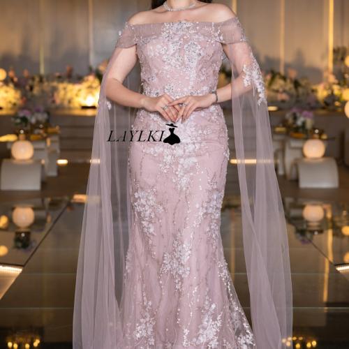Light pink dress embroidered with luxurious tulle cape