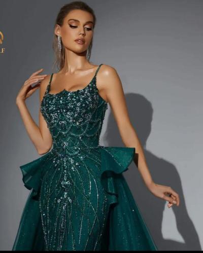 Emerald dress with luxurious crystal embroidery