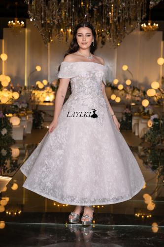 A silver dress embroidered with luxurious off-shoulder