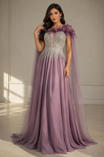 Lavender dress with crystal embroidery and luxurio...