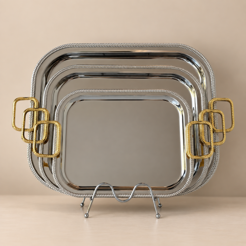 طقم صواني 3 قطع نيكل بمسكة ذهبي