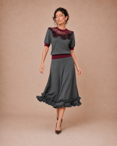 Set Consisting of a Cotton Blouse and Skirt Accented with Burgundy