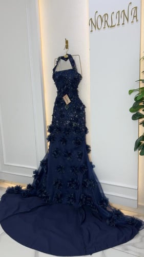 فستان كحلي سهره بورد مع لؤلؤة