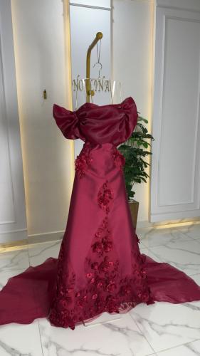 فستان سهره بلون عودي مزين بالورد