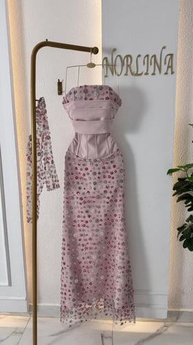 فستان زهري مطرز بترتر وخرز