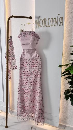 فستان زهري مطرز بترتر وخرز