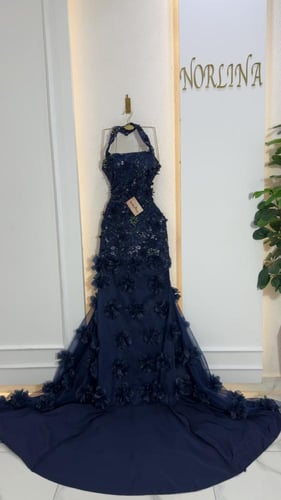 فستان كحلي سهره بورد مع لؤلؤة