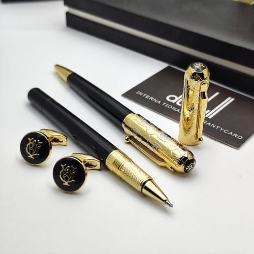 قلم وكبك ماركة دنهل اسود ذهبي نحيف