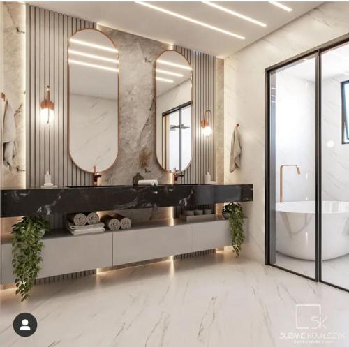 خلفية مغاسل مودرن بأستخدام بديل الرخام وبديل الخشب...