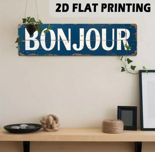لافتة معدنية "Bonjour" مسطحة 2D - ديكور حائط ريفي...