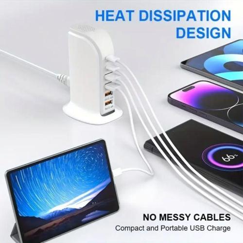 شاحن USB متعدد المنافذ بقوة 40 واط و6 منافذ مع تقن...