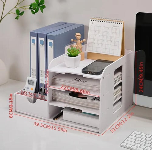 منظم مكتبي بلاستيكي أبيض - متين مع رفوف مفتوحة، تص...