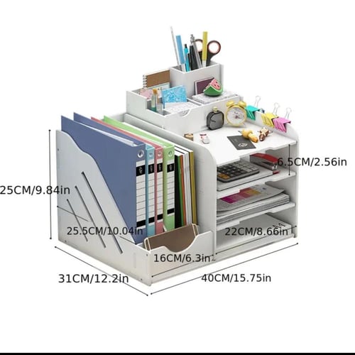 منظم مكتبي بلاستيكي أبيض - متين مع رفوف مفتوحة، تص...