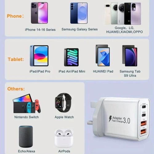 شاحن USB بقابس بريطاني، شاحن سريع USB بـ 4 منافذ